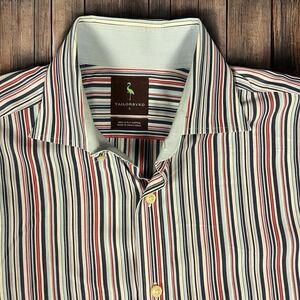 TAILORBYRD MENS LARGE COTTON LONG SLEEVE BUTTON UP BLUE RED WHITE STRIPE SHIRT